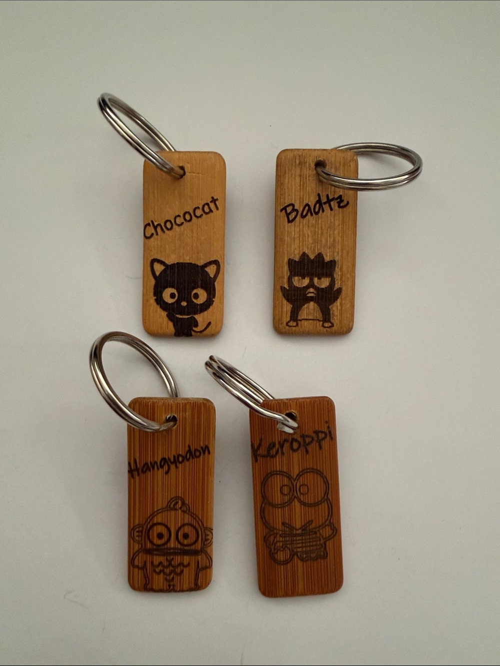 Wooden Character Keychain Set — Chococat, Badtz-Maru, Hangyodon, Keroppi